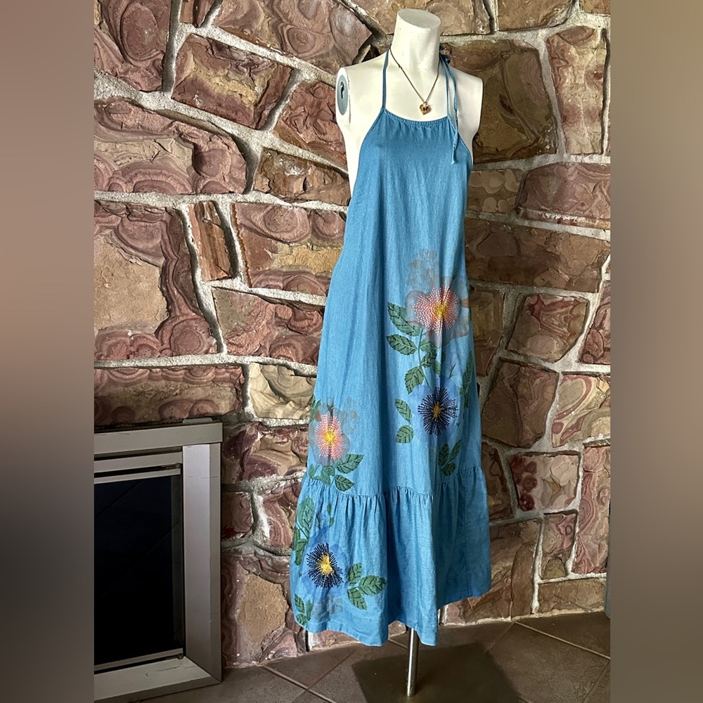Anthropologie Pilcro Chambray Halter Embroidered Denim Midi Dress.  S EUC - Picture 2 of 13